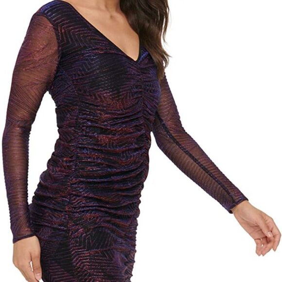 NEW -GUESS Metallic Long Sleeve Bodycon Mini Dress - Picture 2 of 12